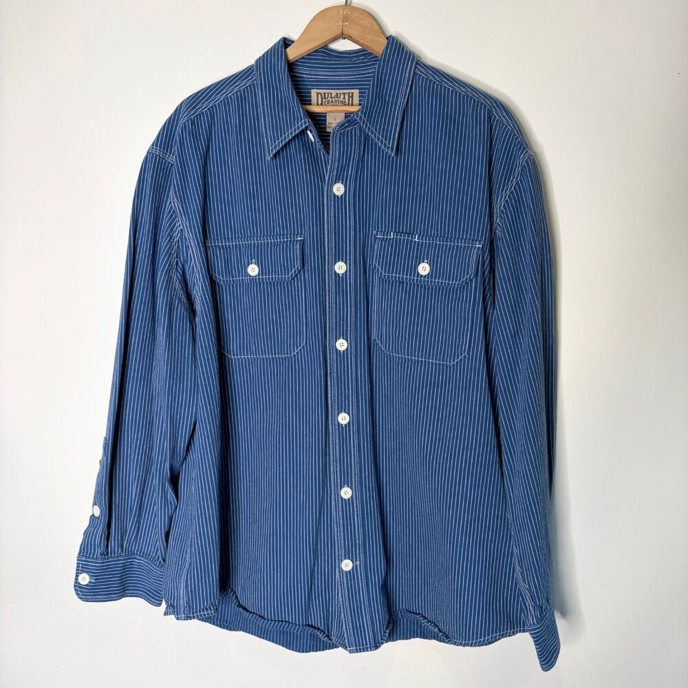 Duluth Trading Co Button Up Long Sleeve Heavy Workwear Blue Striped Blue Men L